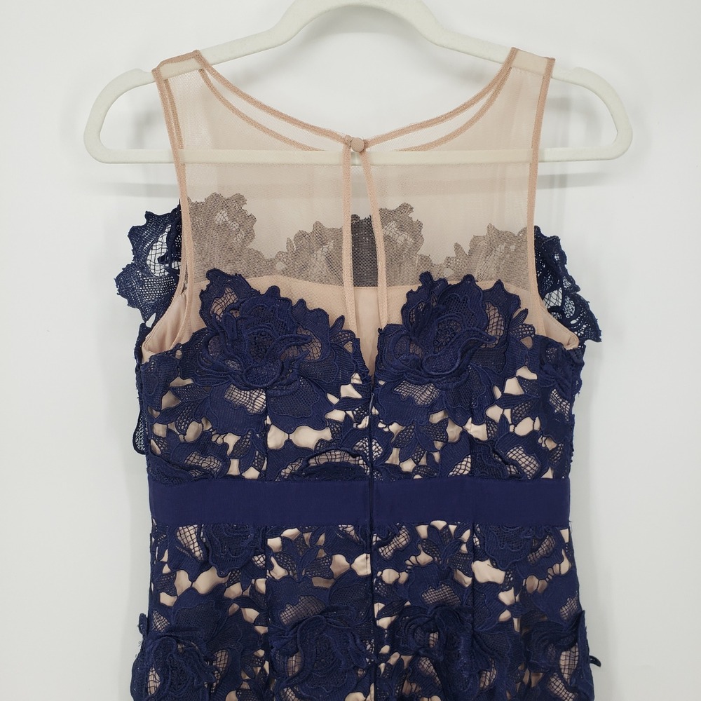 Adrianna Papell Navy Lace Floral Applique Cocktail Sheath Dress Illusion Size 6 - Picture 6 of 8